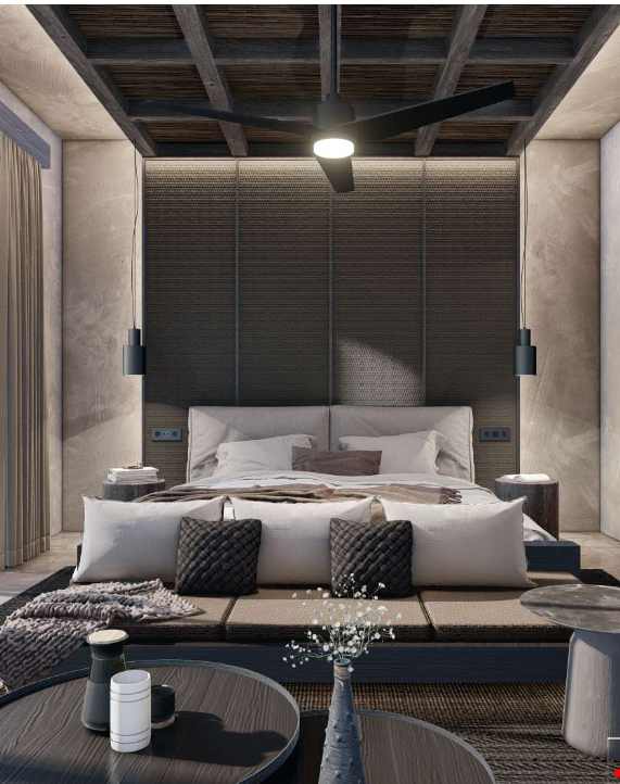Bedroom with woven wall panels